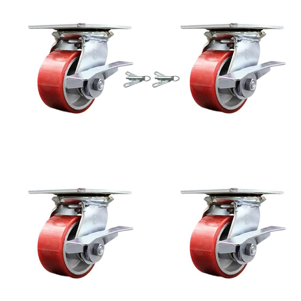 Heavy Duty Large Top Plate Poly on Cast Iron Swivel Caster Set 4 w/4" x 2" Red Wheels-Includes 2 Swivel with Brakes and Bolt on Swvl Locks&2 Swvl with Brakes-2800 lbs Total Cpty - Service Caster Brand — photo 1