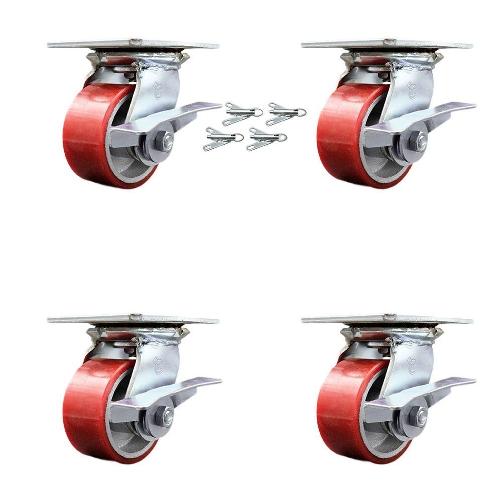 Heavy Duty Large Top Plate Polyurethane on Cast Iron Swivel Caster Set of 4 w/4" x 2" Red Wheels - Includes 4 Swivel w/Side Lck Brakes & Bolt on Swvl Lcks-2800lbs Total Capacity - Service Caster Brand — photo 1