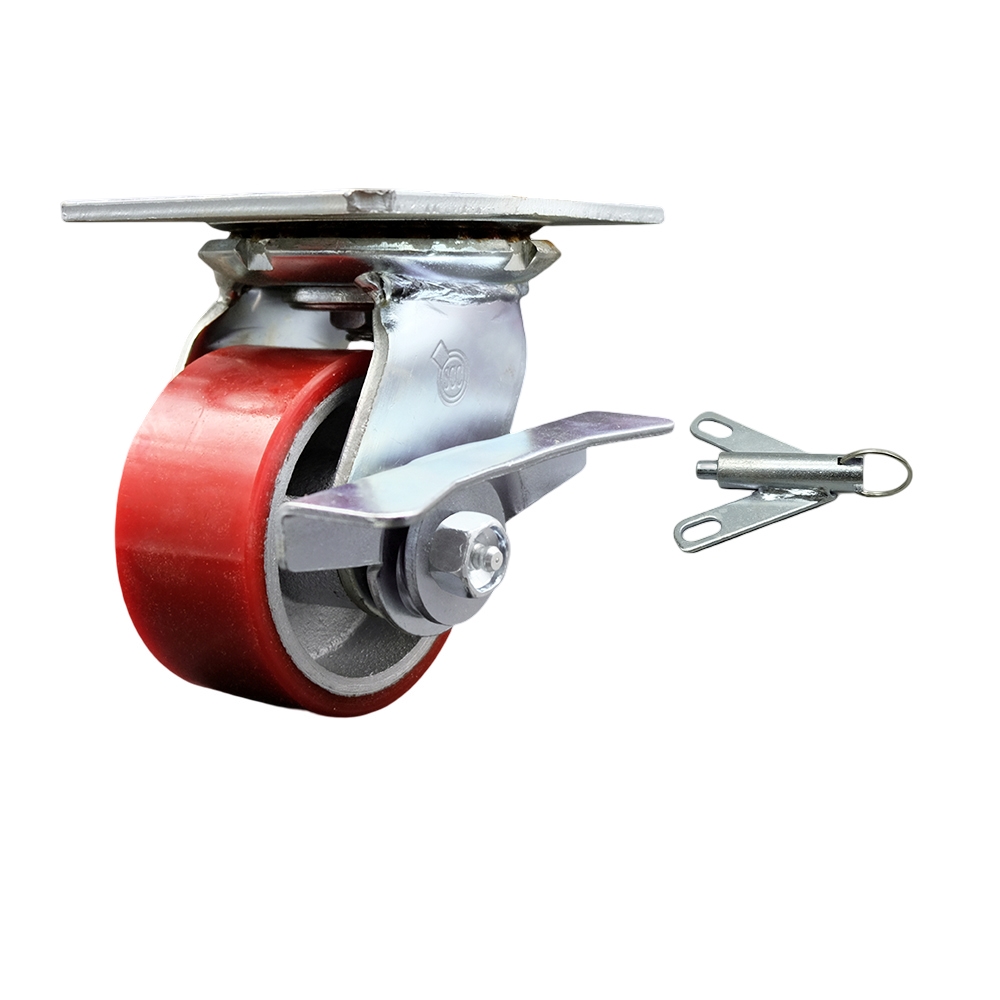 Heavy Duty Large Top Plate Polyurethane on Cast Iron Swivel Caster w/Main. Free Bearings and 4" x 2" Red Wheel & Side Lck Brake and Bolt on Swivel Lock - 700 lbs Capacity/Caster - Service Caster Brand — photo 1