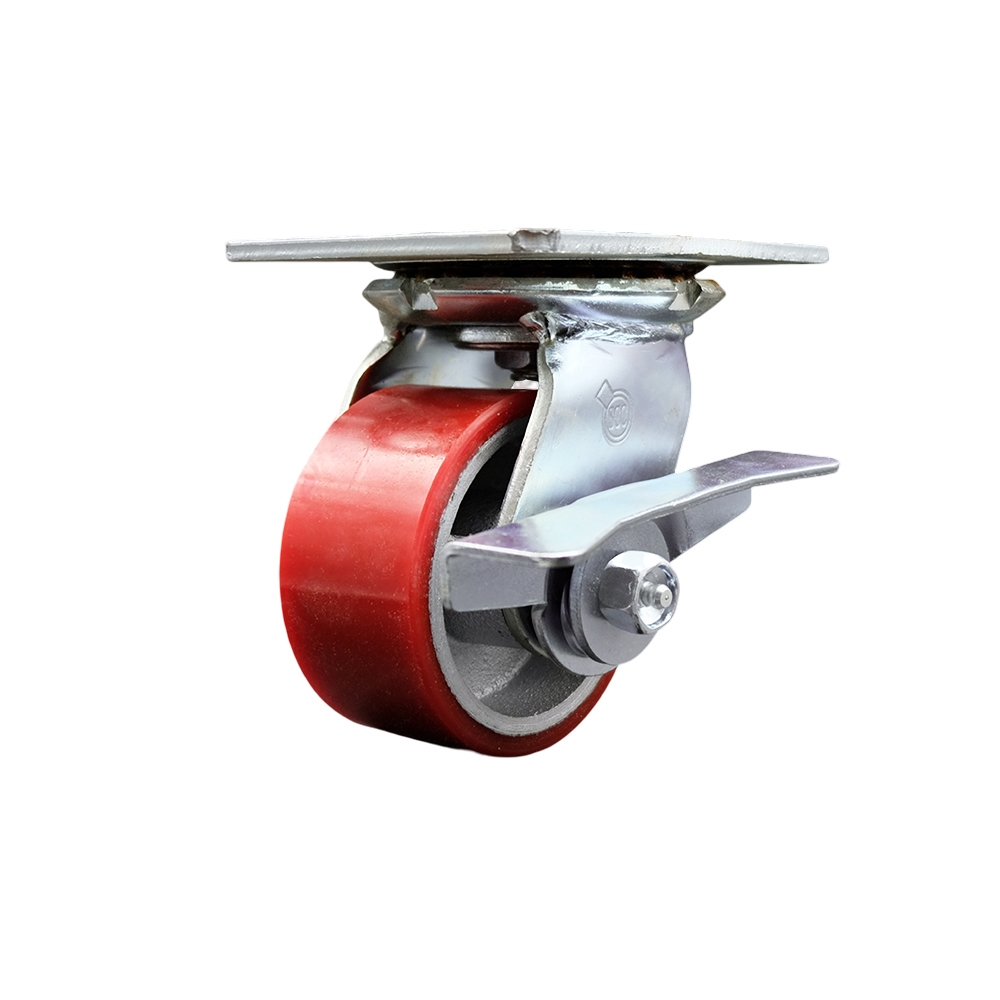 Heavy Duty Large Top Plate Polyurethane on Cast Iron Swivel Caster w/Main. Free Bearings and 4" x 2" Red Wheel & Side Lck Brake - 700 lbs Capacity/Caster - Service Caster Brand — photo 1