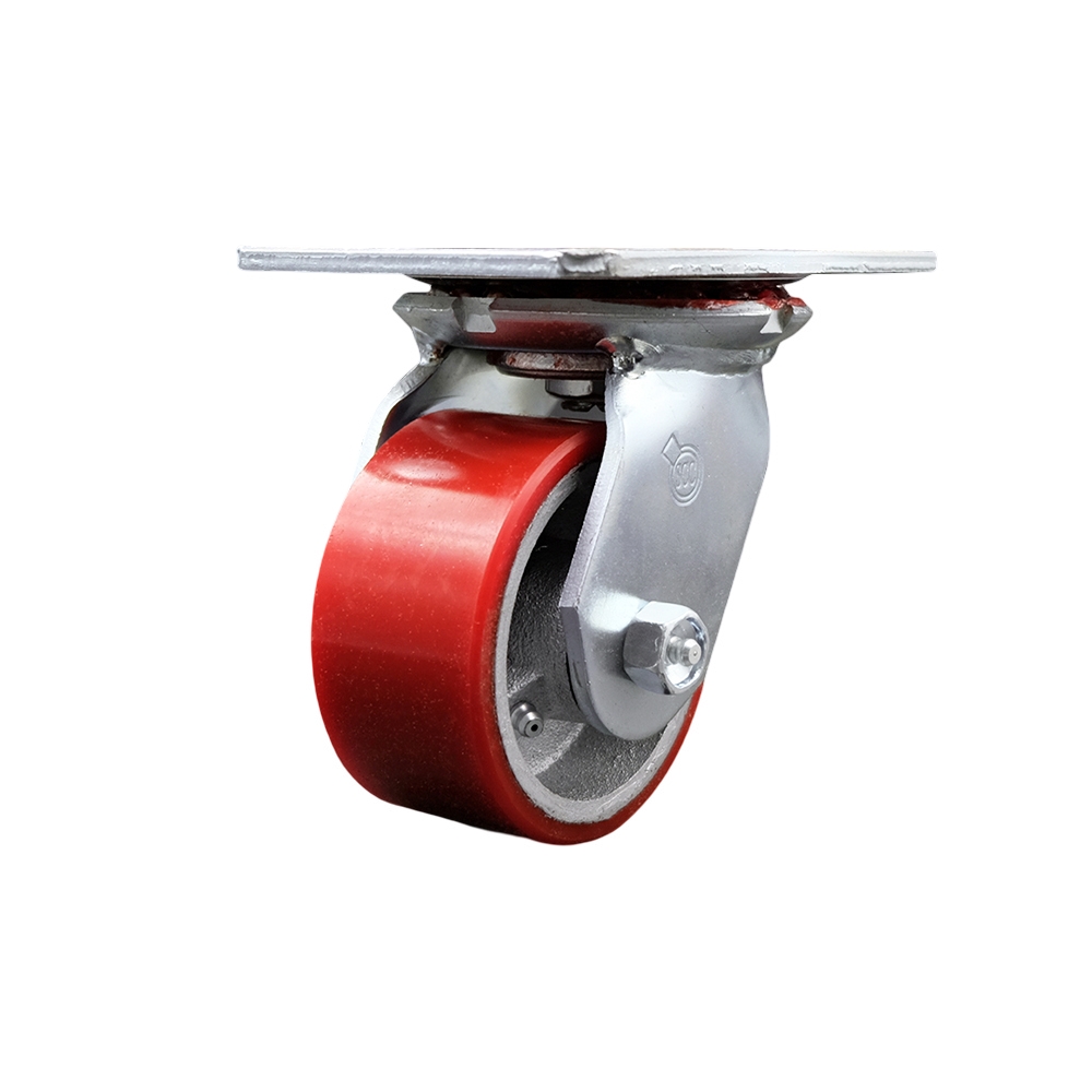 Heavy Duty Large Top Plate Polyurethane on Cast Iron Swivel Caster w/4" x 2" Red Wheel - 700 lbs Capacity/Caster - Service Caster Brand — photo 1