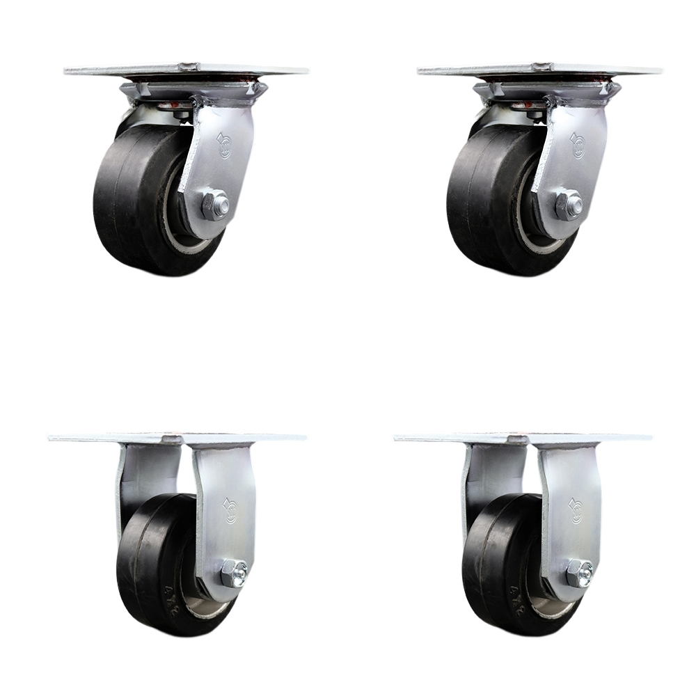 Heavy Duty Large Top Plate Rubber on Aluminum Swivel Caster w/Main. Free Bearings Set of 4 w/4" x 2" Black Wheels - Includes 2 Swivel & 2 Rigid - 1600 lbs Total Capacity - Service Caster Brand — photo 1