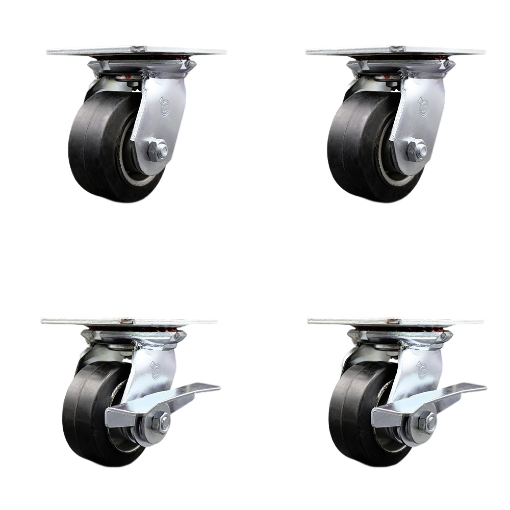 Heavy Duty Large Top Plate Rubber on Aluminum Swivel Caster w/Main. Free Bearings Set of 4 w/4" x 2" Black Wheels - Includes 2 Swivel with Brakes & 2 Swivel - 1600lbs Total Cpty - Service Caster Brand — photo 1
