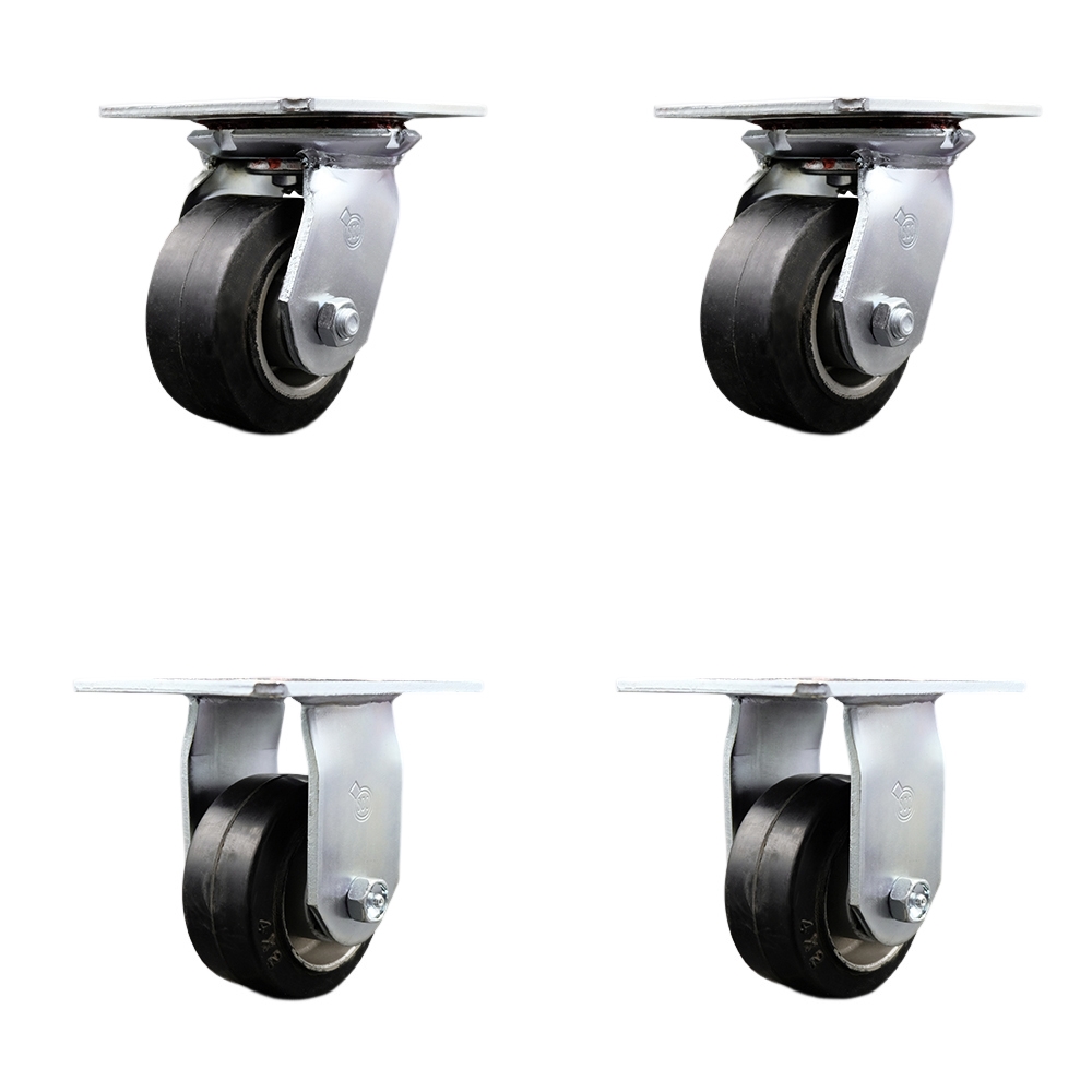 Heavy Duty Large Top Plate Rubber on Aluminum Swivel Caster Set of 4 w/4" x 2" Black Wheels - Includes 2 Swivel with Bolt on Swivel Locks & 2 Rigid - 1600 lbs Total Capacity - Service Caster Brand — photo 1