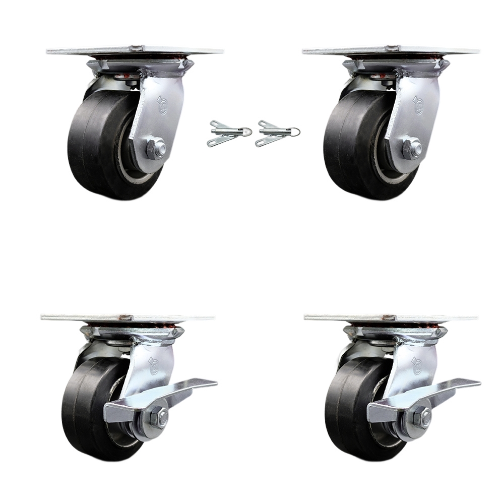 Heavy Duty Large Top Plate Rubber on Aluminum Swivel Caster w/Main. Free Bearings Set of 4 w/4" x 2" Black Wheels - Includes 2 Swivel with Bolt on Swivel Lcks&2 Swvl with Brakes - Service Caster Brand — photo 1