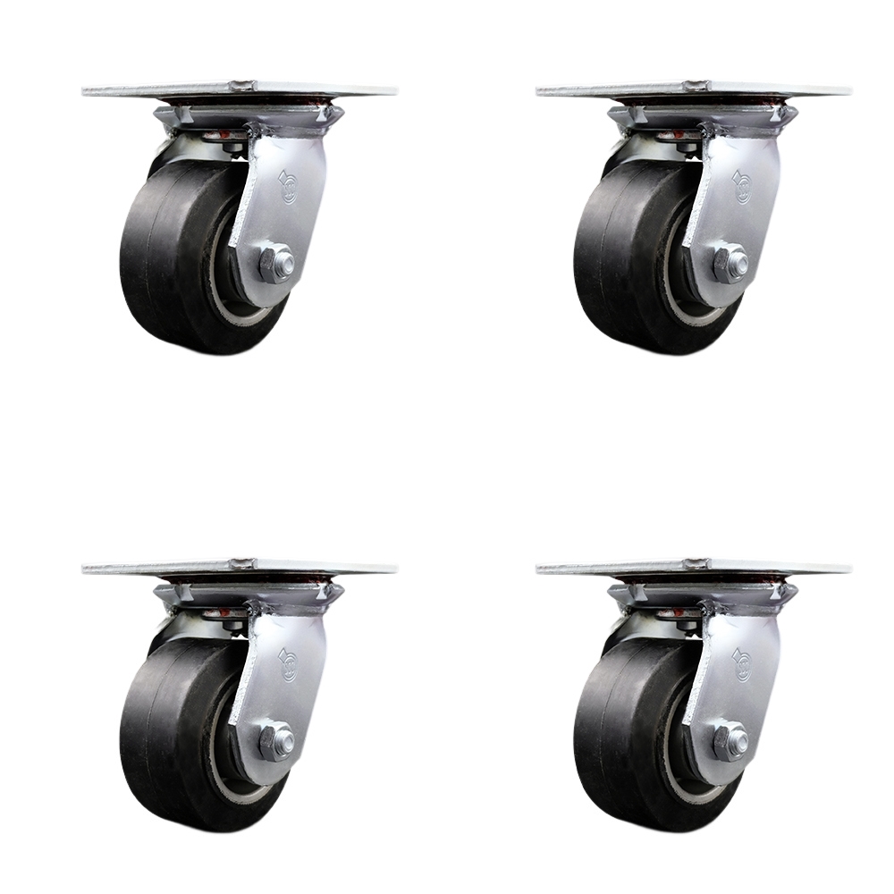 Heavy Duty Large Top Plate Rubber on Aluminum Swivel Caster w/Main. Free Bearings Set of 4 w/4" x 2" Black Wheels-Includes 4 Swivel w/Bolt on Swivel Locks-1600lbs Total Capacity - Service Caster Brand — photo 1
