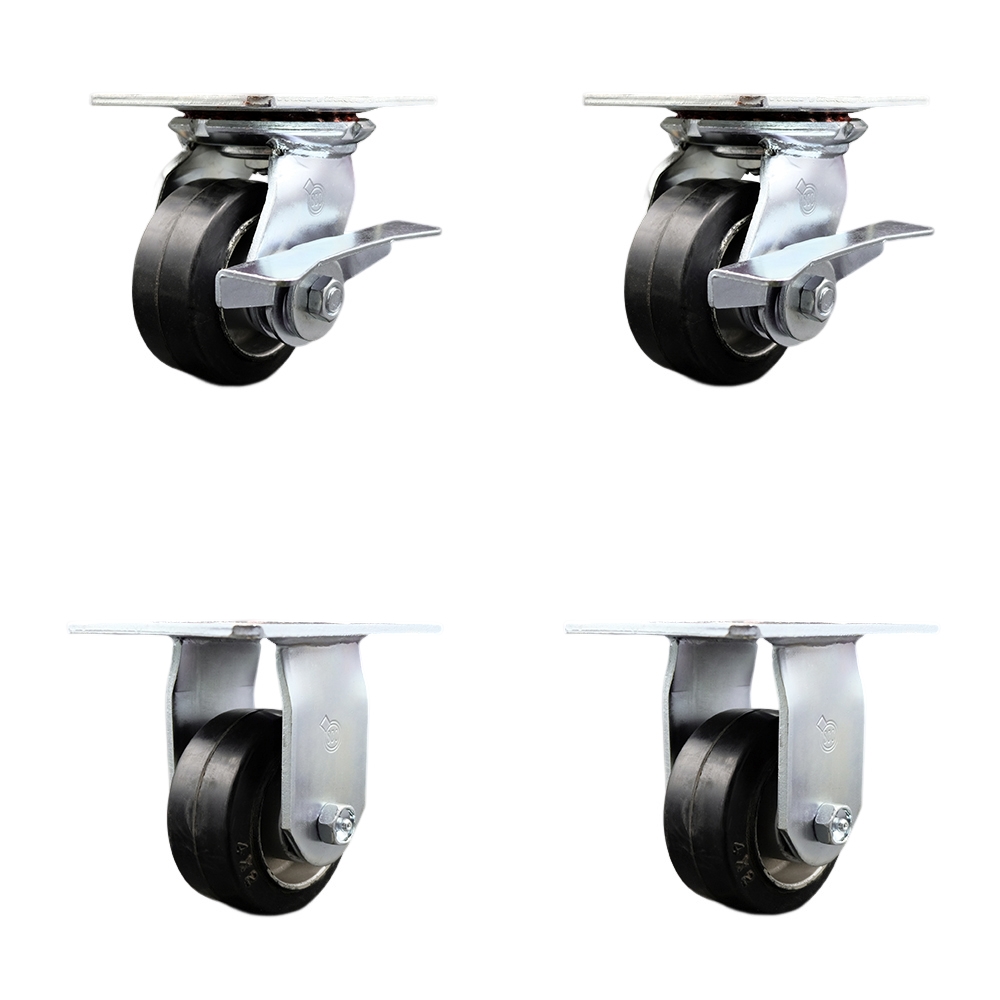 Heavy Duty Large Top Plate Rubber on Aluminum Swivel Caster w/Main. Free Bearings Set of 4 w/4" x 2" Black Wheels - Includes 2 Swivel with Brakes & 2 Rigid - 1600 lbs Total Cpty - Service Caster Brand — photo 1