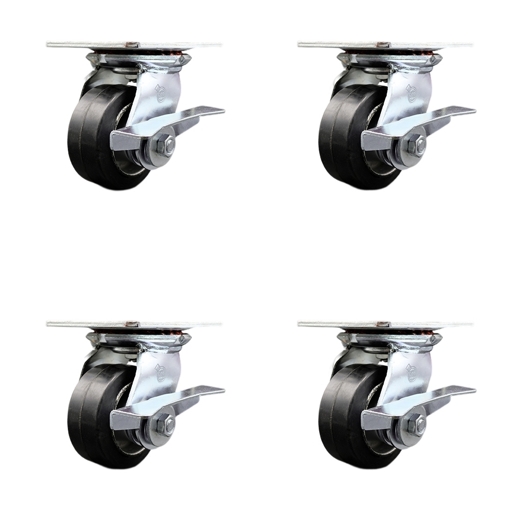 Heavy Duty Large Top Plate Rubber on Aluminum Swivel Caster w/Main. Free Bearings Set of 4 w/4" x 2" Black Wheels - Includes 4 Swivel w/Side Lck Brakes - 1600 lbs Total Capacity - Service Caster Brand — photo 1