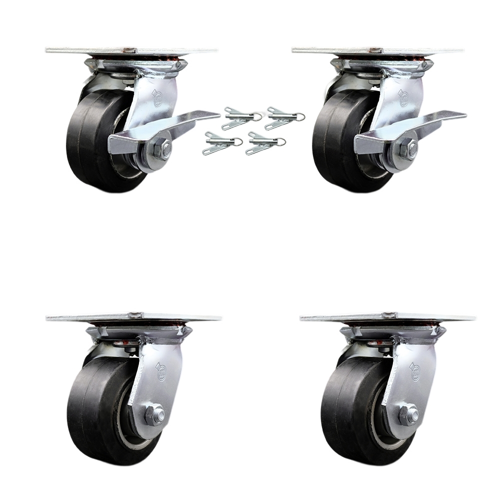 Heavy Duty Large Top Plate Rubber on Aluminum Swivel Caster Set 4 w/4" x 2" Black Wheel-Includes 2 Swvl w/BRKs and Bolt on Swvl Lck& 2 Swvl w/Bolt on Swvl Lck-1600 lbs Total Cpty- Service Caster Brand — photo 1