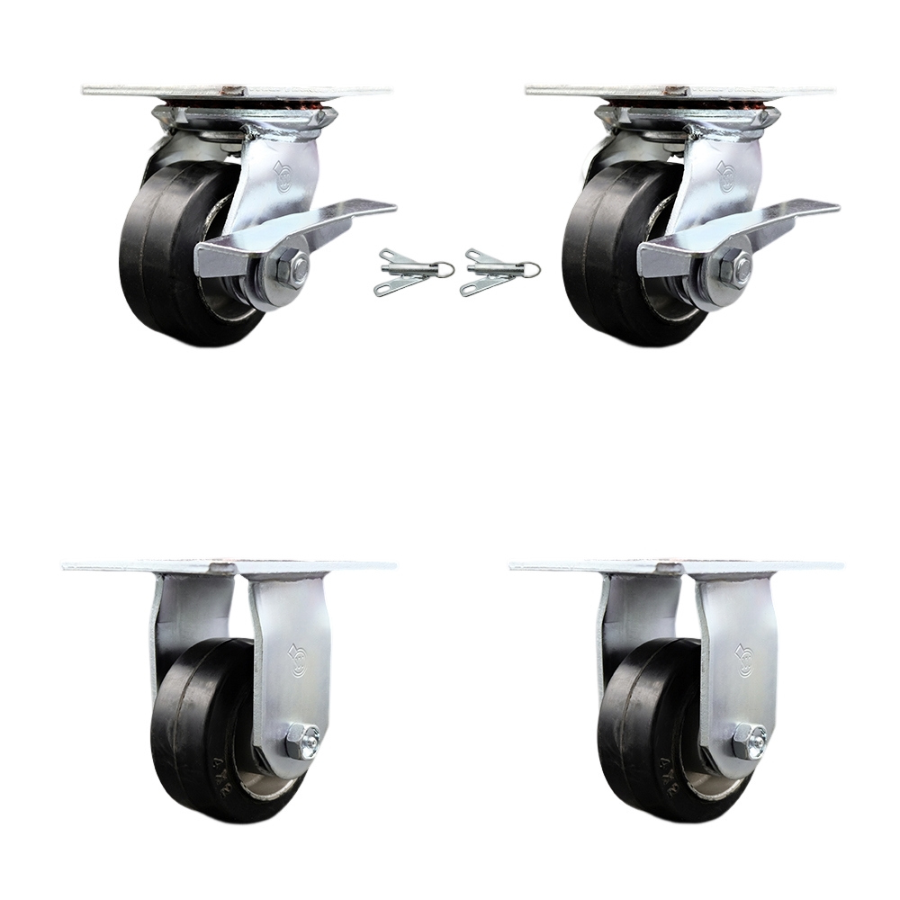 Heavy Duty Large Top Plate Rubber on Aluminum Swivel Caster Set of 4 w/4" x 2" Black Wheels - Includes 2 Swivel with Brakes and Bolt on Swivel Locks & 2 Rigid-1600lbs Total Cpty - Service Caster Brand — photo 1
