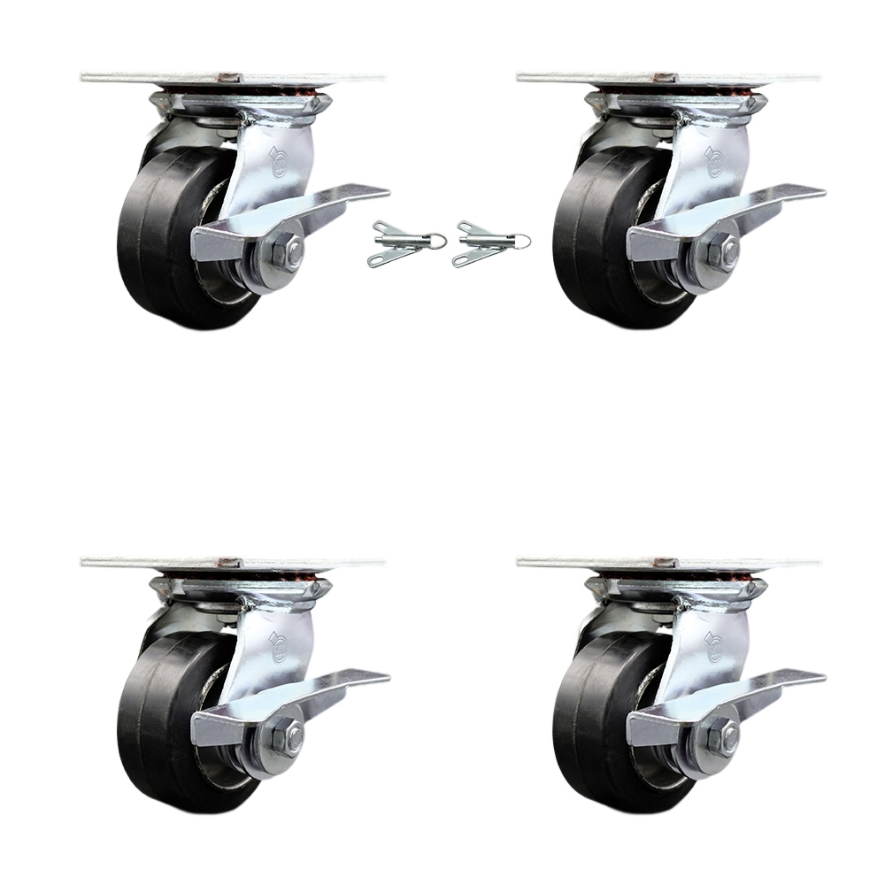 Heavy Duty Large Top Plate Rubber on Aluminum Swivel Caster w/Main. Free Bearings Set 4 w/4" x 2" Black Wheels-Includes 2 Swvl with Brakes and Bolt on Swvl Lcks&2 Swvl with Brakes-Service Caster Brand — photo 1