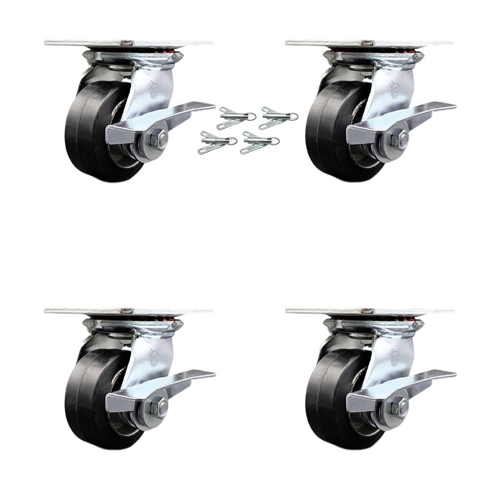 Heavy Duty Large Top Plate Rubber on Aluminum Swivel Caster Set of 4 w/4" x 2" Black Wheels - Includes 4 Swivel w/Side Lck Brakes & Bolt on Swivel Locks- 1600 lbs Total Capacity - Service Caster Brand — photo 1