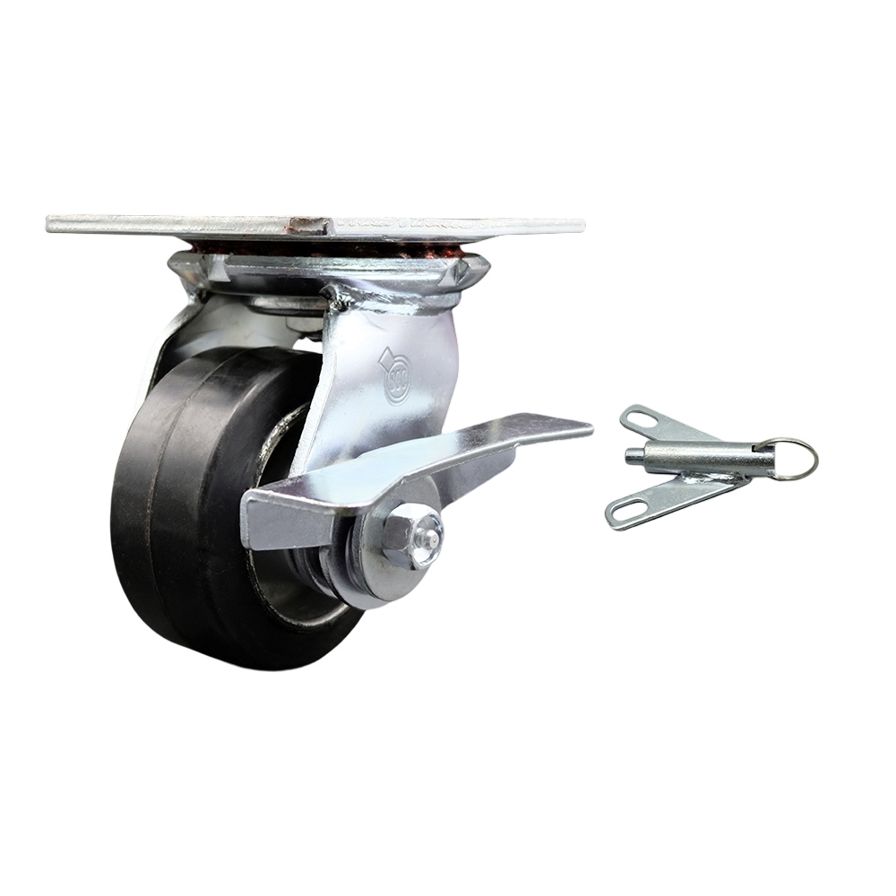 Heavy Duty Large Top Plate Rubber on Aluminum Swivel Caster w/Main. Free Bearings and 4" x 2" Black Wheel & Side Lck Brake and Bolt on Swivel Lock - 400 lbs Capacity/Caster - Service Caster Brand — photo 1
