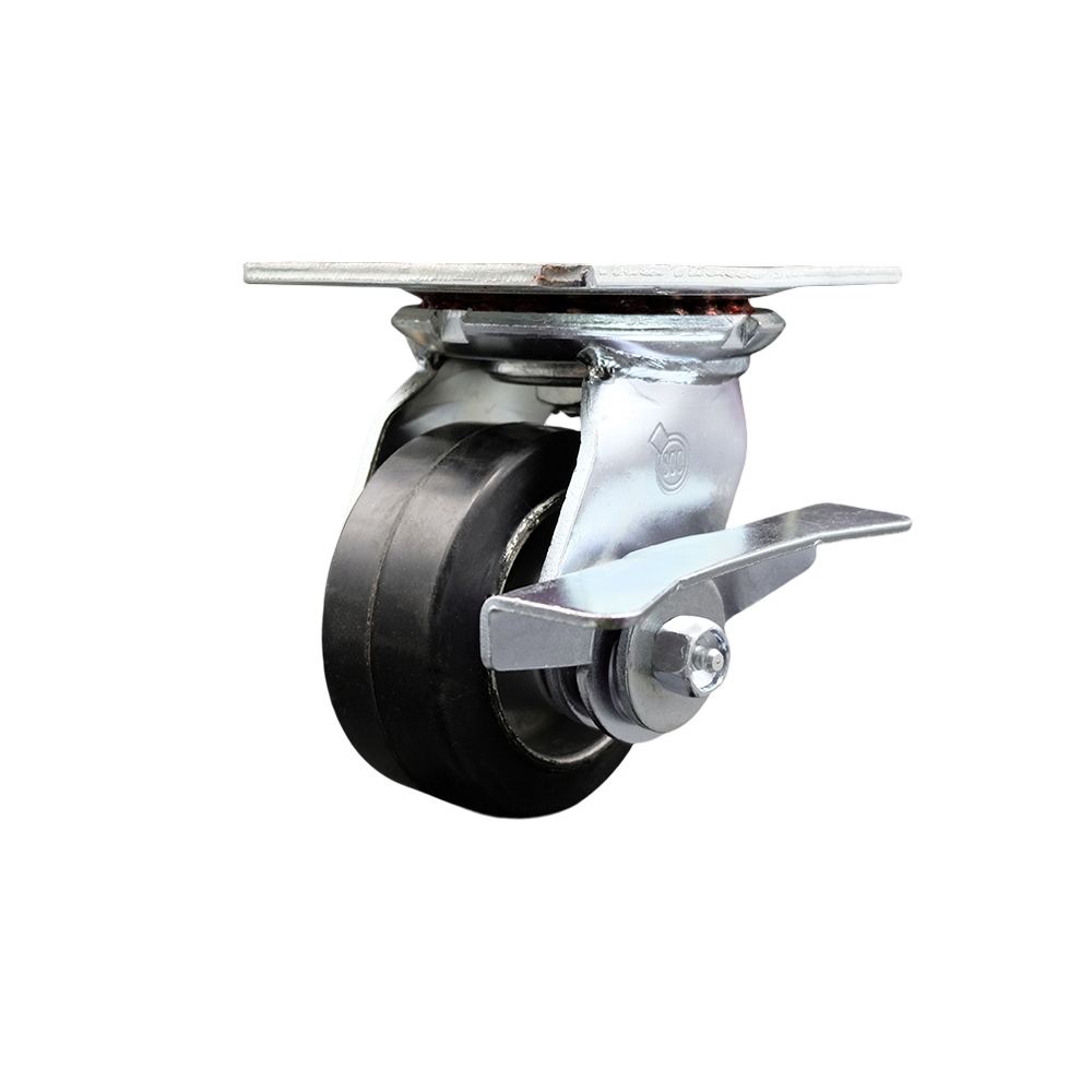 Heavy Duty Large Top Plate Rubber on Aluminum Swivel Caster w/Main. Free Bearings and 4" x 2" Black Wheel & Side Lck Brake - 400 lbs Capacity/Caster - Service Caster Brand — photo 1