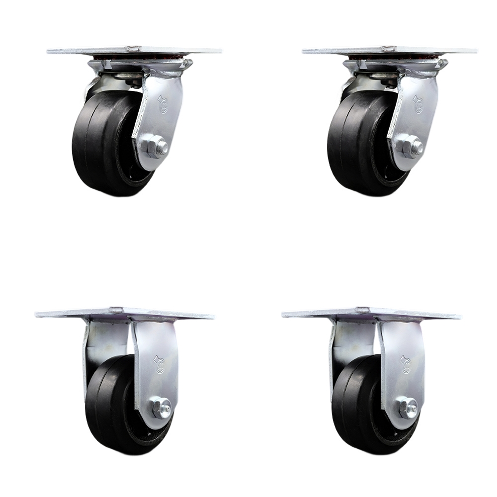 Heavy Duty Large Top Plate Rubber on Cast Iron Swivel Caster w/Main. Free Bearings Set of 4 w/4" x 2" Black Wheels - Includes 2 Swivel & 2 Rigid - 1600 lbs Total Capacity - Service Caster Brand — photo 1
