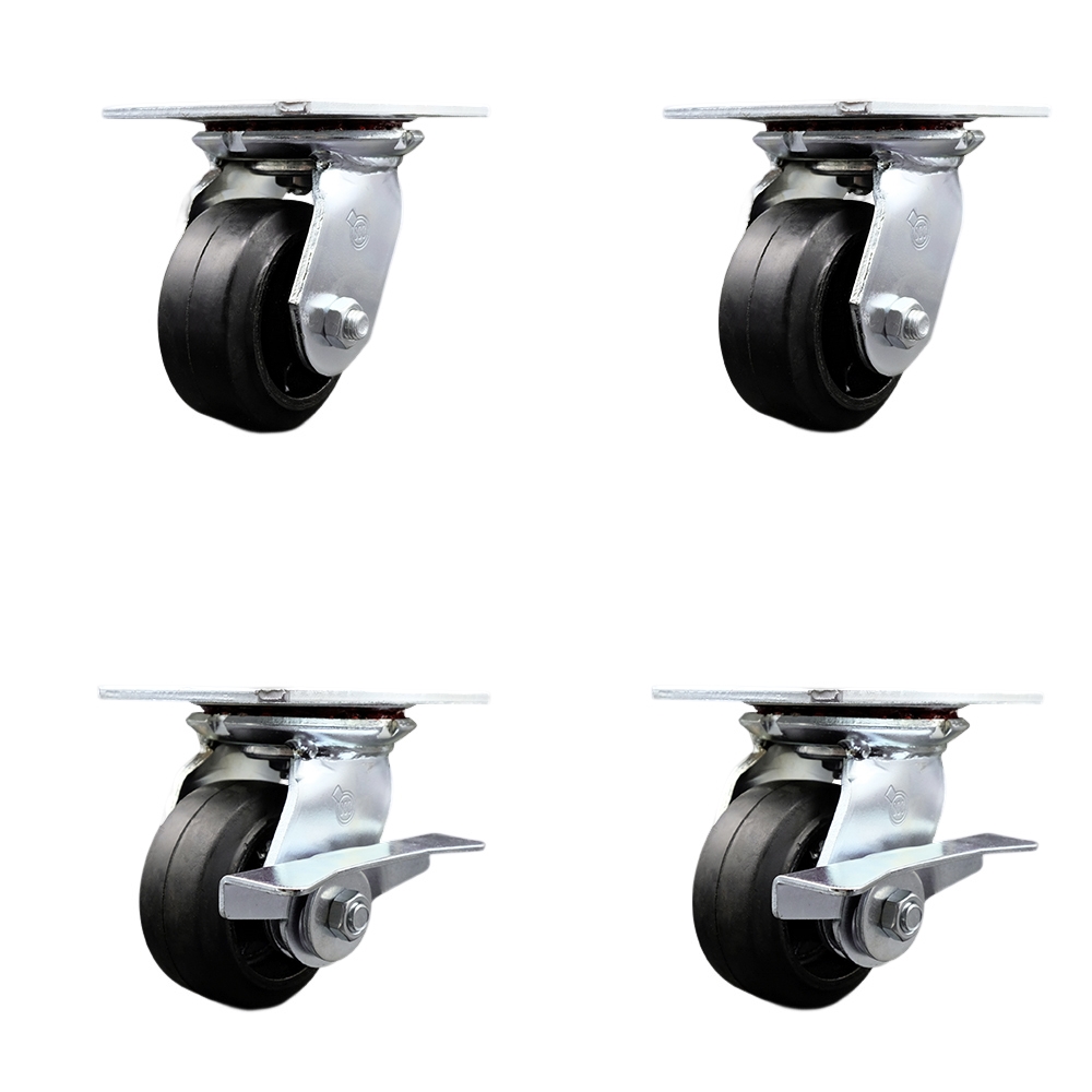 Heavy Duty Large Top Plate Rubber on Cast Iron Swivel Caster w/Main. Free Bearings Set of 4 w/4" x 2" Black Wheels - Includes 2 Swivel with Brakes& 2 Swivel - 1600lbs Total Cpty - Service Caster Brand — photo 1