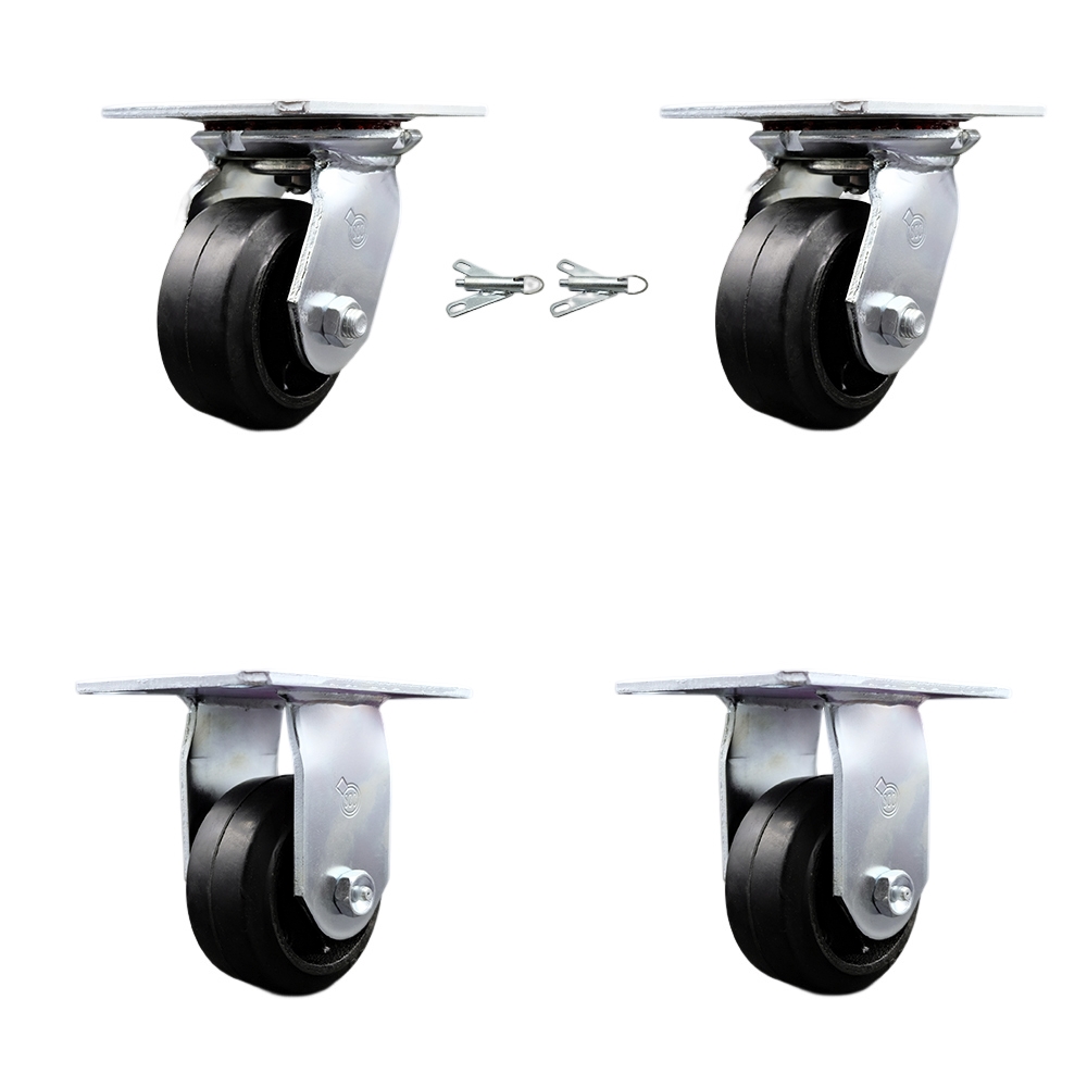 Heavy Duty Large Top Plate Rubber on Cast Iron Swivel Caster w/Main. Free Bearings Set of 4 w/4" x 2" Black Wheels - Includes 2 Swivel with Bolt on Swivel Locks & 2 Rigid - Service Caster Brand — photo 1