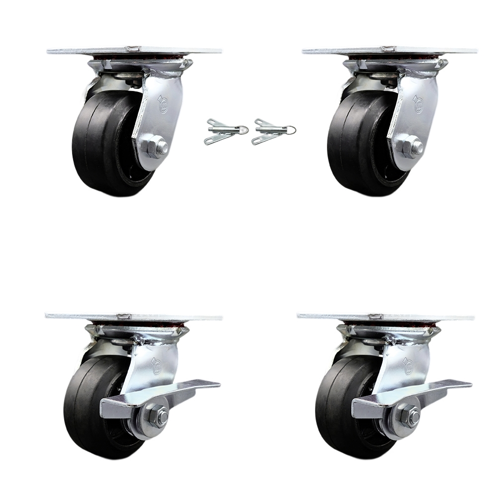 Heavy Duty Large Top Plate Rubber on Cast Iron Swivel Caster w/Main. Free Bearings Set of 4 w/4" x 2" Black Wheels - Includes 2 Swivel with Bolt on Swivel Lcks&2 Swvl with Brakes- Service Caster Brand — photo 1
