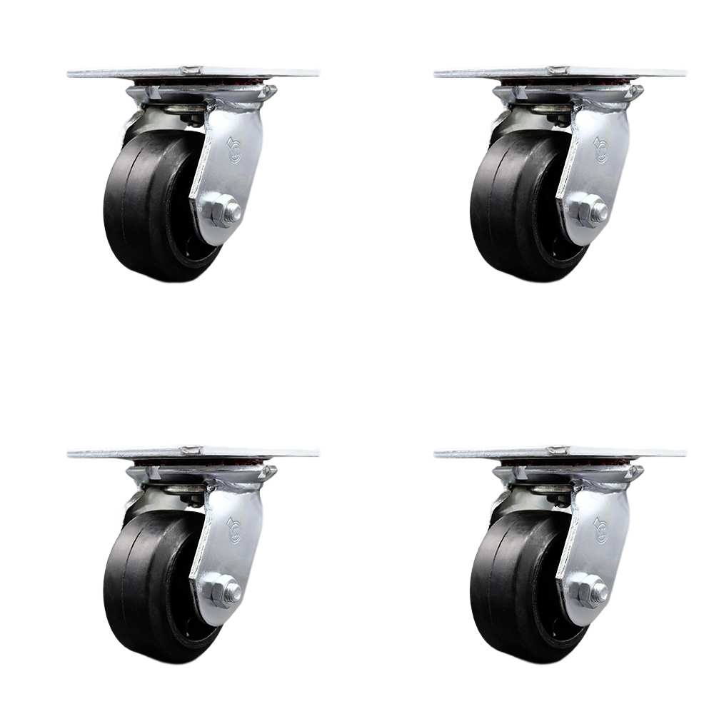 Heavy Duty Large Top Plate Rubber on Cast Iron Swivel Caster Set of 4 w/4" x 2" Black Wheels - Includes 4 Swivel w/Bolt on Swivel Locks - 1600 lbs Total Capacity - Service Caster Brand — photo 1