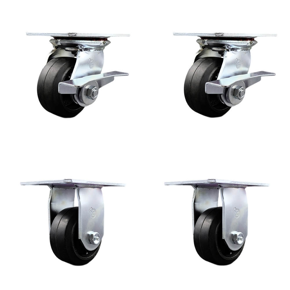Heavy Duty Large Top Plate Rubber on Cast Iron Swivel Caster w/Main. Free Bearings Set of 4 w/4" x 2" Black Wheels - Includes 2 Swivel with Brakes & 2 Rigid - 1600lbs Total Cpty - Service Caster Brand — photo 1