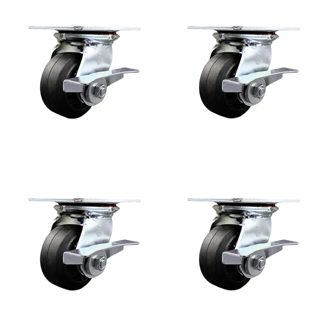Heavy Duty Large Top Plate Rubber on Cast Iron Swivel Caster w/Main. Free Bearings Set of 4 w/4" x 2" Black Wheels - Includes 4 Swivel w/Side Lck Brakes - 1600lbs Total Capacity - Service Caster Brand — photo 1