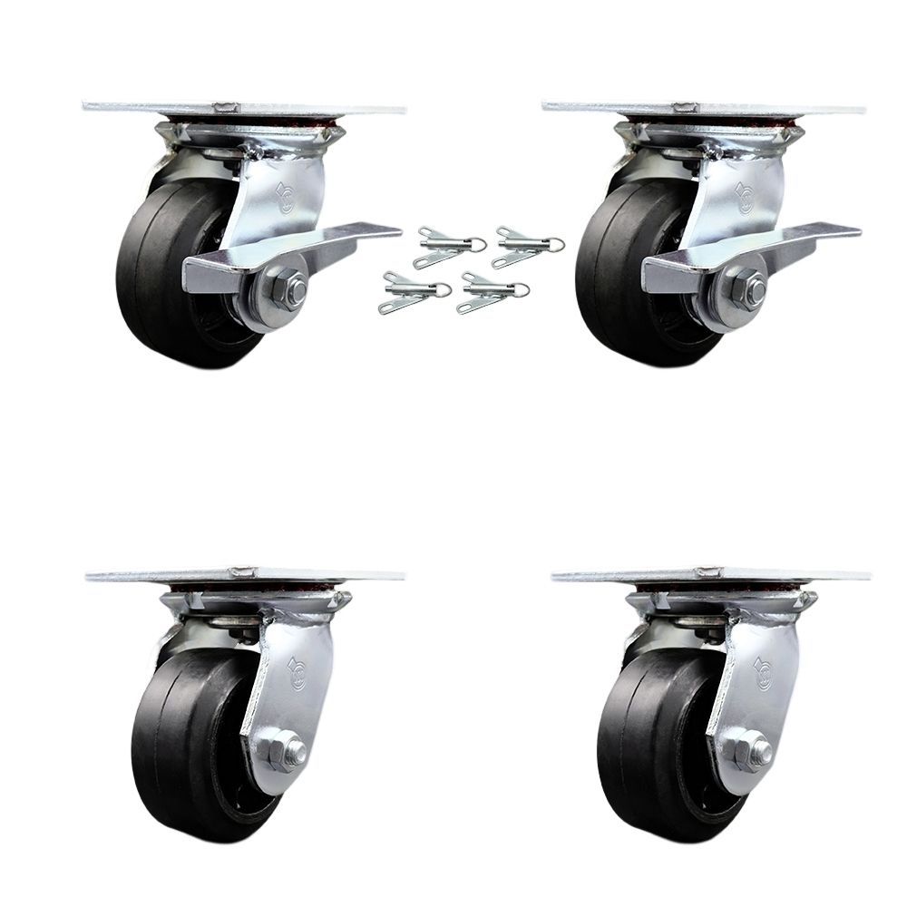 Heavy Duty Large Top Plate Rubber on Cast Iron Swivel Caster Set 4 w/4" x 2" Black Wheel-Includes 2 Swvl w/BRKs and Bolt on Swvl Lck& 2 Swvl w/Bolt on Swvl Lck-1600lbs Total Cpty- Service Caster Brand — photo 1