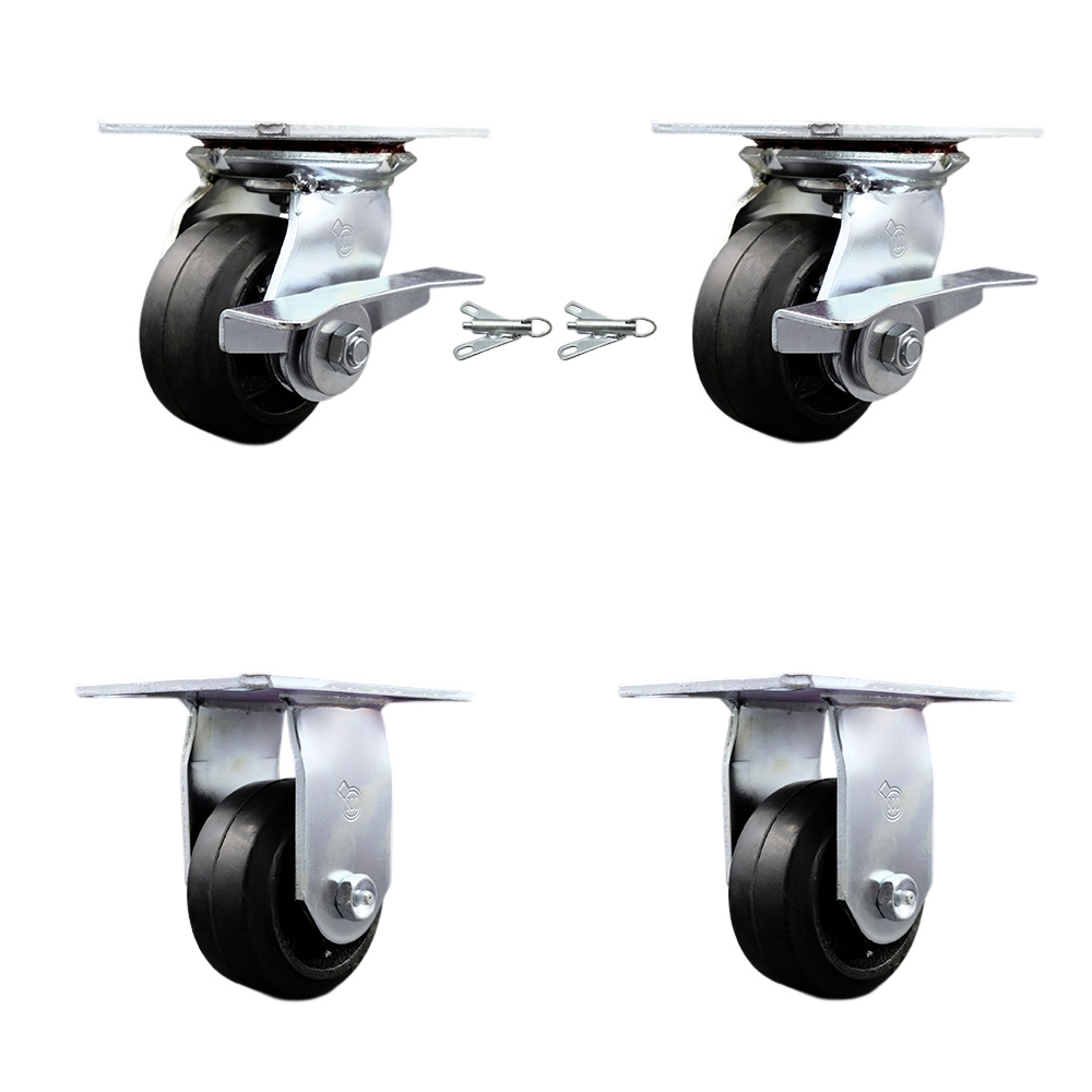 Heavy Duty Large Top Plate Rubber on Cast Iron Swivel Caster w/Main. Free Bearings Set of 4 w/4" x 2" Black Wheels - Includes 2 Swivel with Brakes and Bolt on Swivel Lcks&2 Rigid- Service Caster Brand — photo 1