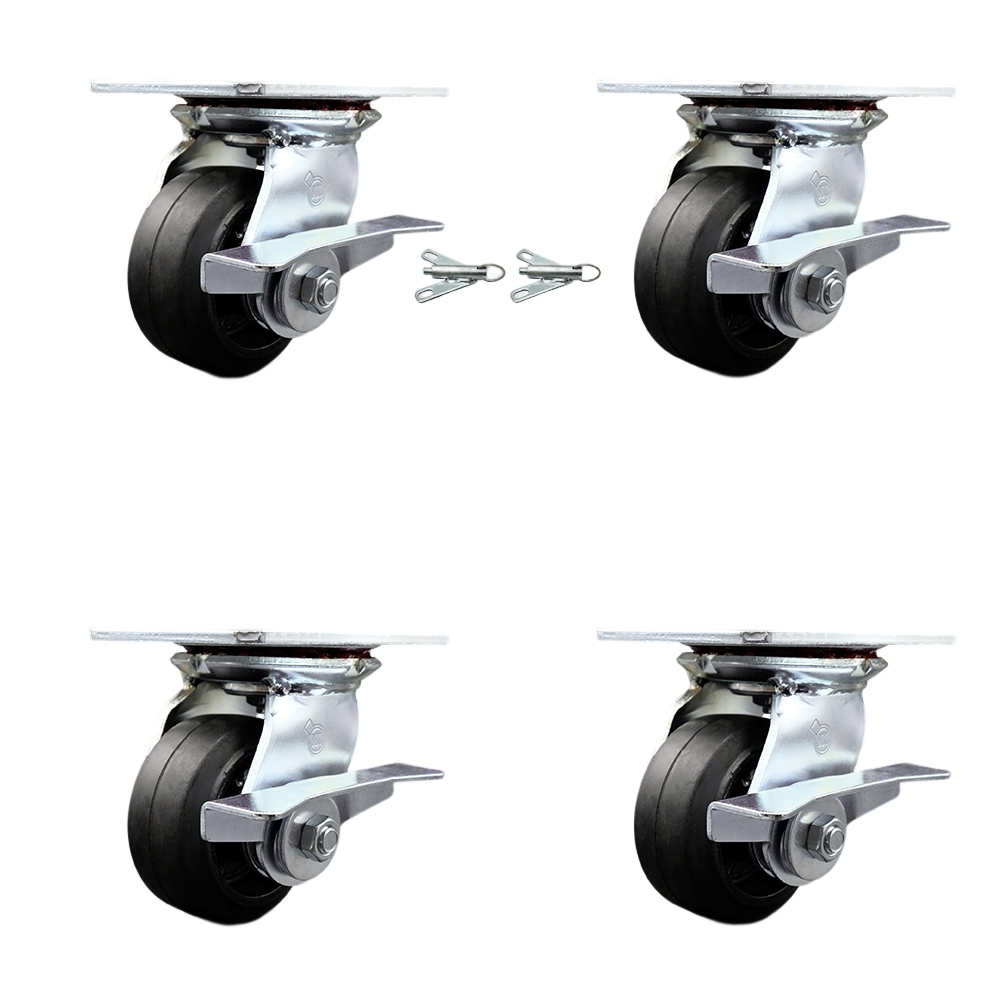 Heavy Duty Large Top Plate Rubber on Cast Iron Swivel Caster Set 4 w/4" x 2" Black Wheels-Includes 2 Swivel with Brakes and Bolt on Swvl Lcks&2 Swvl with Brakes-1600lbs Total Cpty-Service Caster Brand — photo 1