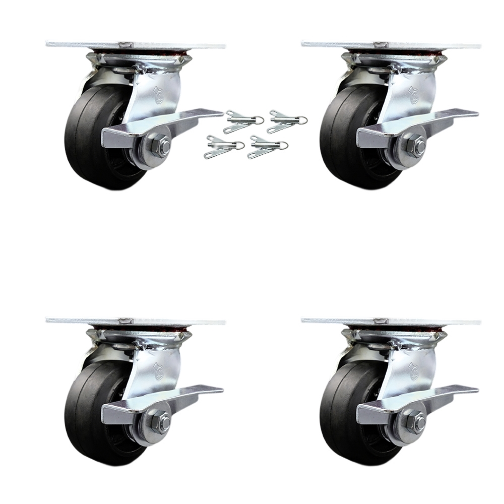 Heavy Duty Large Top Plate Rubber on Cast Iron Swivel Caster w/Main. Free Bearings Set of 4 w/4" x 2" Black Wheels - Includes 4 Swivel w/Side Lck Brakes & Bolt on Swivel Locks - Service Caster Brand — photo 1