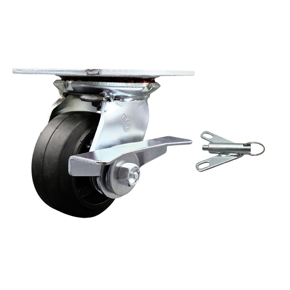 Heavy Duty Large Top Plate Rubber on Cast Iron Swivel Caster w/Main. Free Bearings and 4" x 2" Black Wheel & Side Lck Brake and Bolt on Swivel Lock - 400 lbs Capacity/Caster - Service Caster Brand — photo 1
