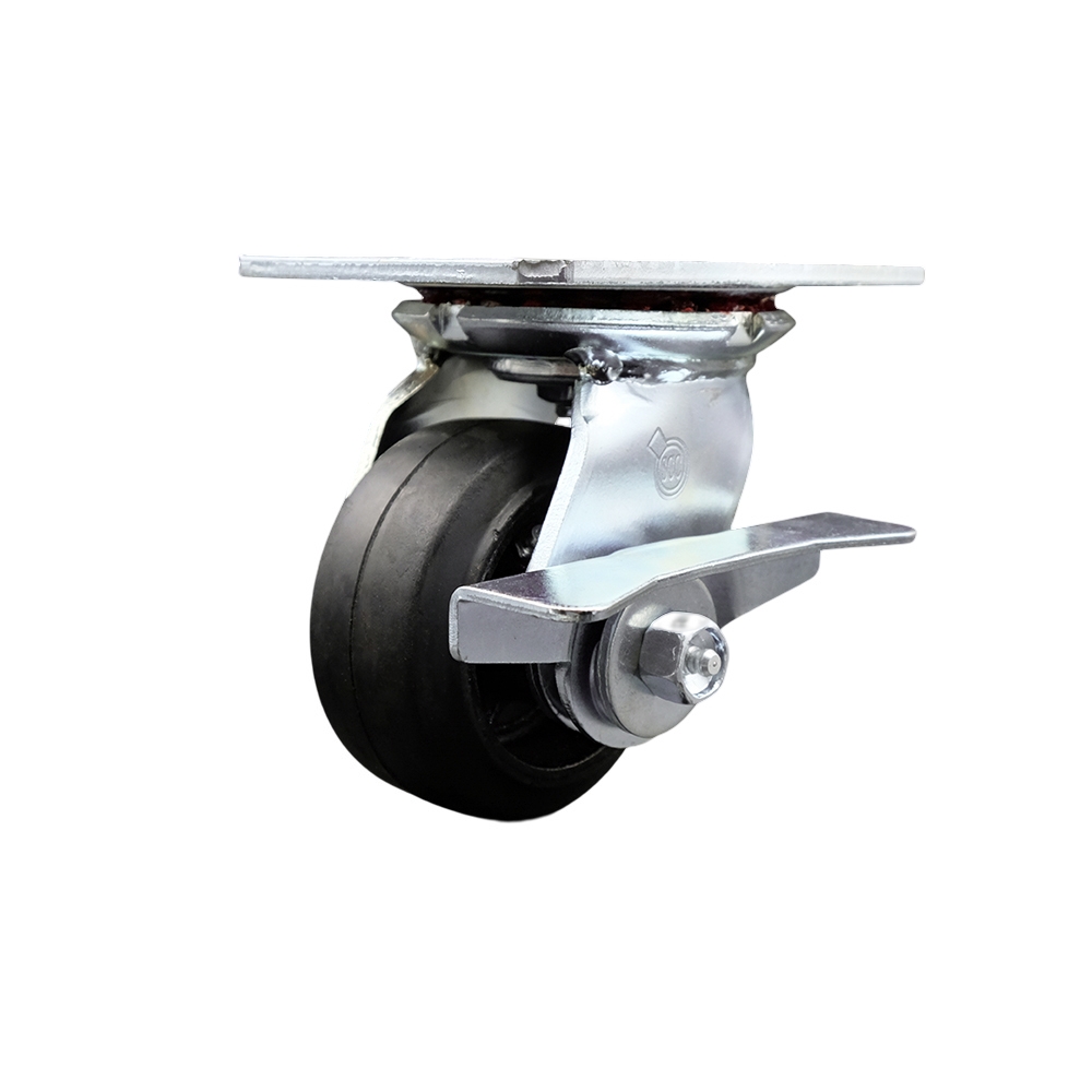 Heavy Duty Large Top Plate Rubber on Cast Iron Swivel Caster w/Main. Free Bearings and 4" x 2" Black Wheel & Side Lck Brake - 400 lbs Capacity/Caster - Service Caster Brand — photo 1