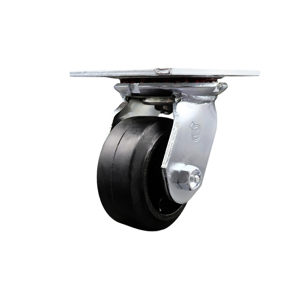 Heavy Duty Large Top Plate Rubber on Cast Iron Swivel Caster w/Main. Free Bearings and 4" x 2" Black Wheel - 400 lbs Capacity/Caster - Service Caster Brand — photo 1