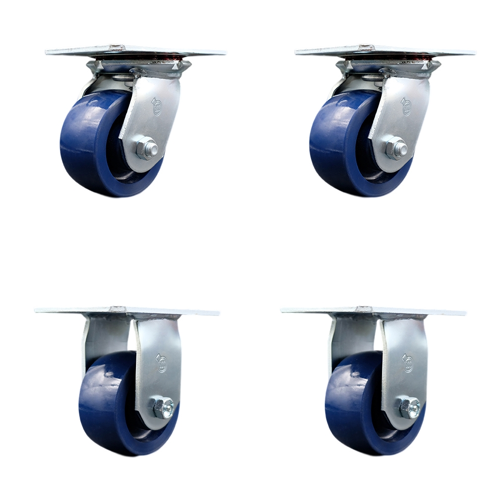 Heavy Duty Large Top Plate Solid Polyurethane Swivel Caster w/Main. Free Bearings Set of 4 w/4" x 2" Blue Wheels - Includes 2 Swivel & 2 Rigid - 2800 lbs Total Capacity - Service Caster Brand — photo 1