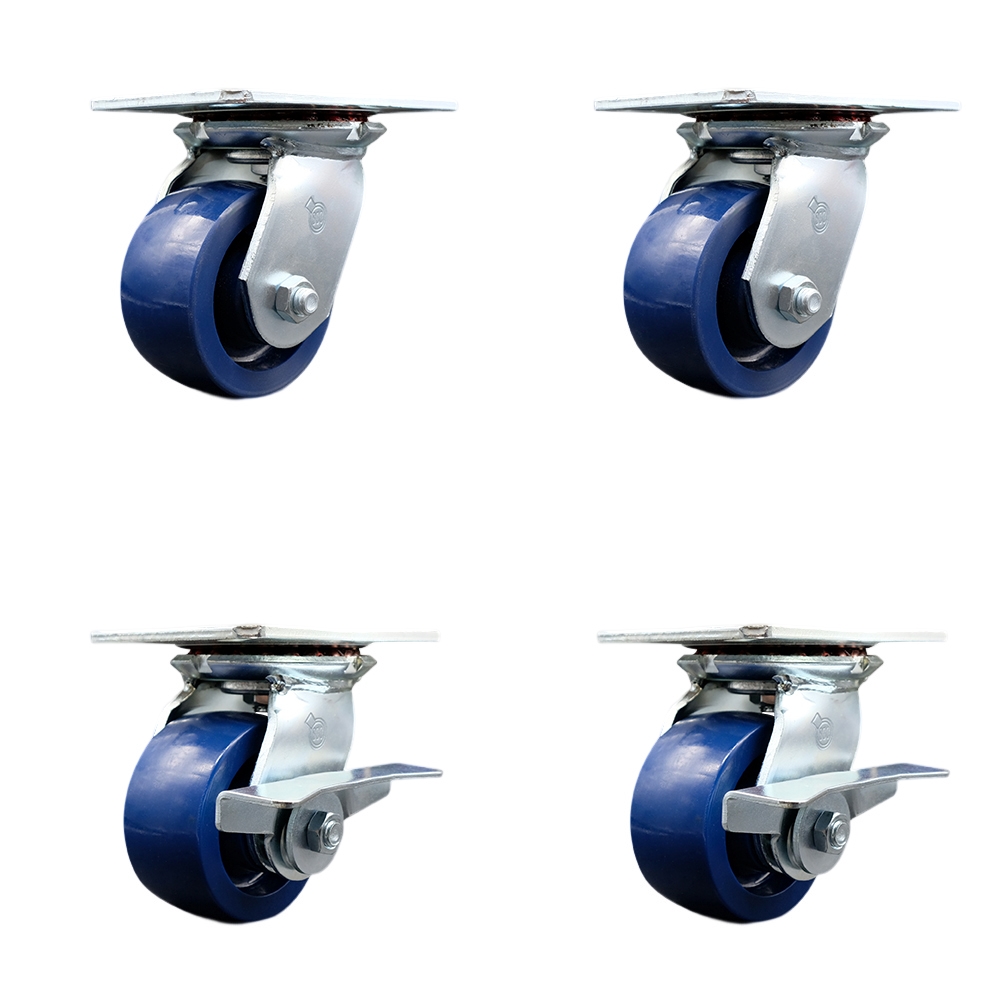 Heavy Duty Large Top Plate Solid Polyurethane Swivel Caster Set of 4 w/4" x 2" Blue Wheels - Includes 2 Swivel with Brakes & 2 Swivel - 2800 lbs Total Capacity - Service Caster Brand — photo 1