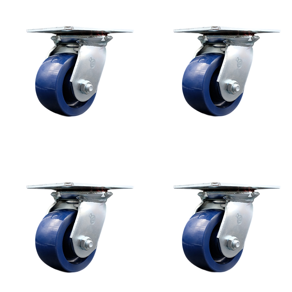 Heavy Duty Large Top Plate Solid Polyurethane Swivel Caster Set of 4 w/4" x 2" Blue Wheels - Includes 4 Swivel - 2800 lbs Total Capacity - Service Caster Brand — photo 1