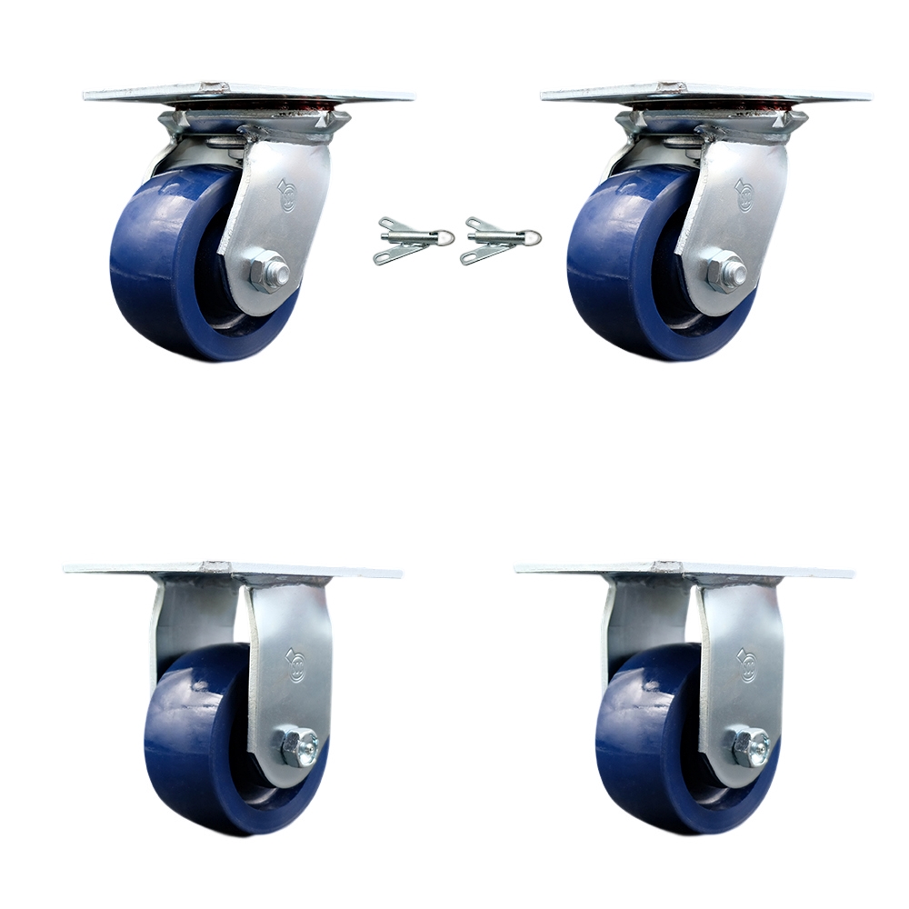 Heavy Duty Large Top Plate Solid Polyurethane Swivel Caster Set of 4 w/4" x 2" Blue Wheels - Includes 2 Swivel with Bolt on Swivel Locks & 2 Rigid - 2800 lbs Total Capacity - Service Caster Brand — photo 1