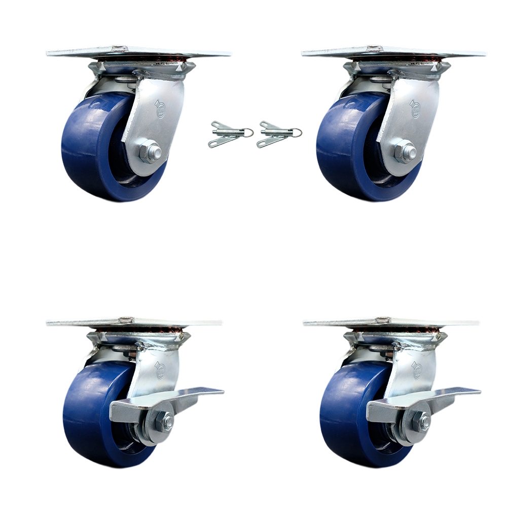 Heavy Duty Large Top Plate Solid Polyurethane Swivel Caster Set of 4 w/4" x 2" Blue Wheels - Includes 2 Swivel with Bolt on Swivel Locks&2 Swivel with Brakes-2800 lbs Total Cpty - Service Caster Brand — photo 1
