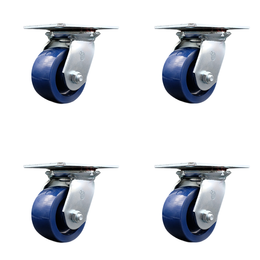 Heavy Duty Large Top Plate Solid Polyurethane Swivel Caster w/Main. Free Bearings Set of 4 w/4" x 2" Blue Wheels - Includes 4 Swivel w/Bolt on Swivel Locks - 2800 lbs Total Cpty - Service Caster Brand — photo 1