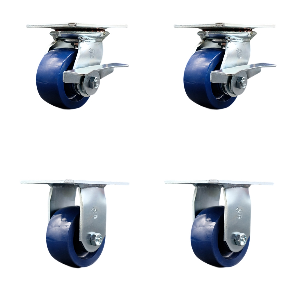 Heavy Duty Large Top Plate Solid Polyurethane Swivel Caster Set of 4 w/4" x 2" Blue Wheels - Includes 2 Swivel with Brakes & 2 Rigid - 2800 lbs Total Capacity - Service Caster Brand — photo 1