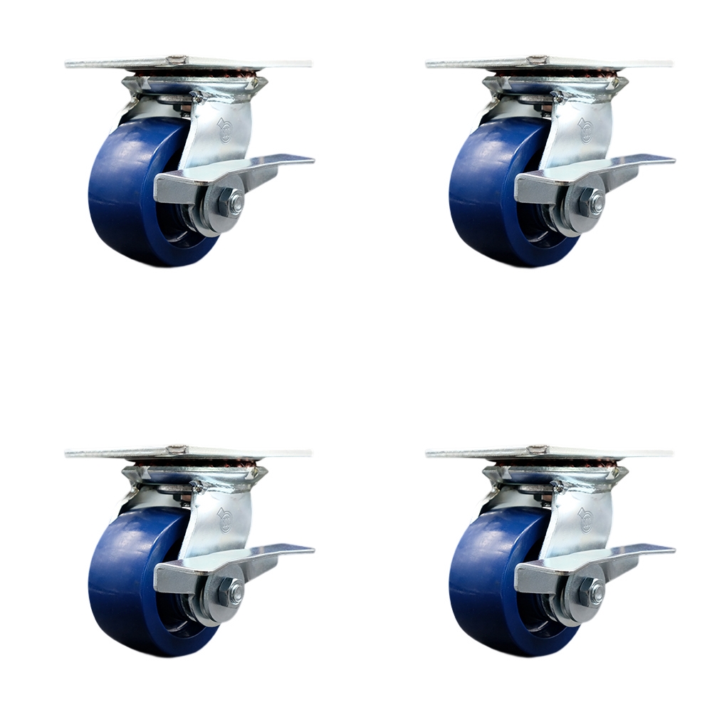 Heavy Duty Large Top Plate Solid Polyurethane Swivel Caster Set of 4 w/4" x 2" Blue Wheels - Includes 4 Swivel w/Side Lck Brakes - 2800 lbs Total Capacity - Service Caster Brand — photo 1