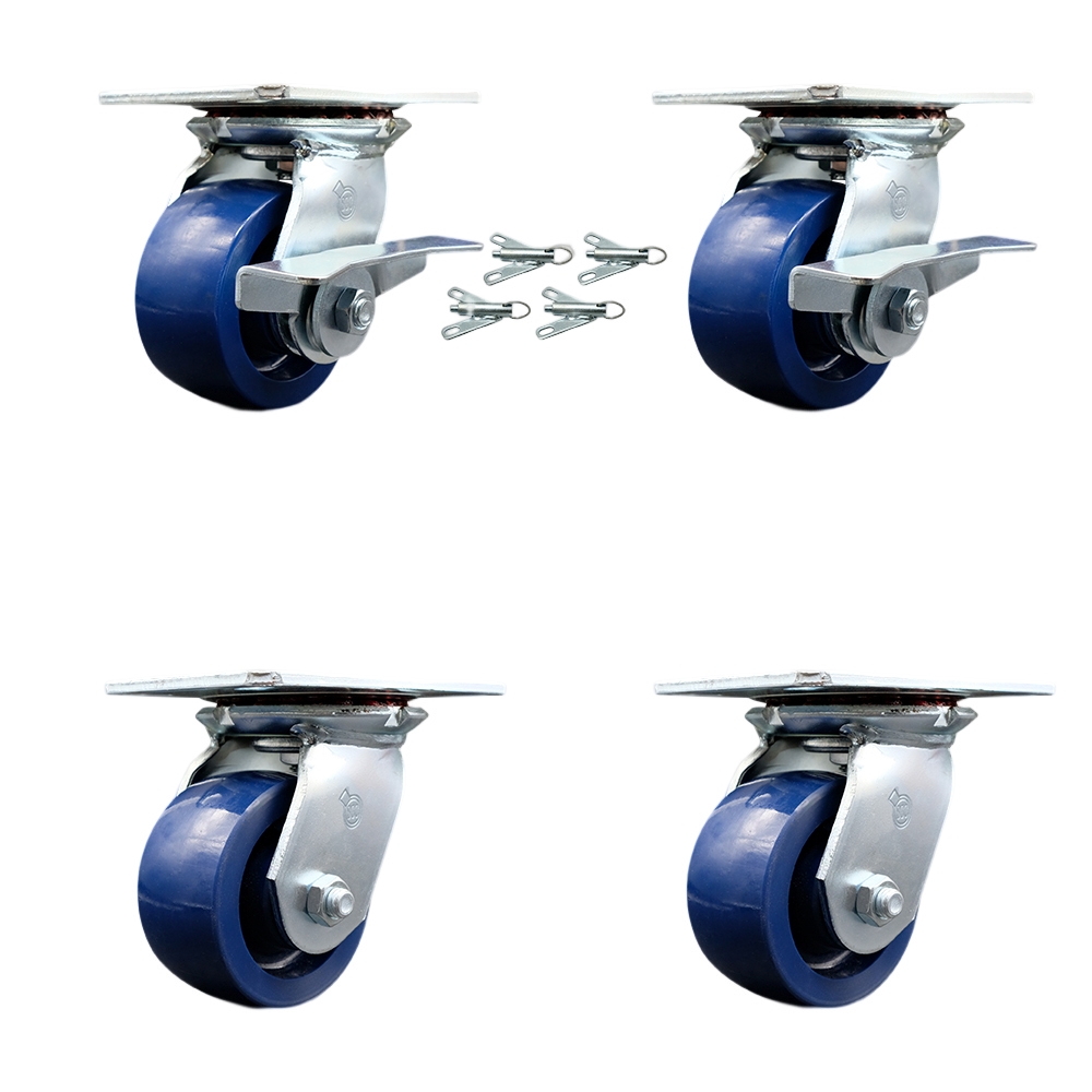 Heavy Duty Large Top Plate Solid Polyurethane Swvl Caster w/Main. Free Bearings Set 4 w/4" x 2" Blue Wheel-Includes 2 Swvl w/Brakes and Bolt on Swvl Lck& 2 Swvl w/Bolt on Swvl Lck-Service Caster Brand — photo 1