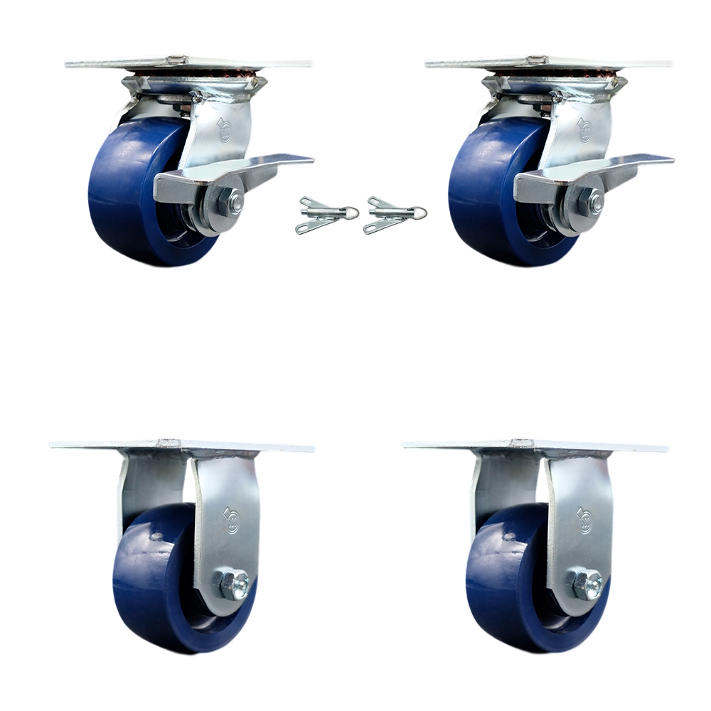 Heavy Duty Large Top Plate Solid Polyurethane Swivel Caster w/Main. Free Bearings Set of 4 w/4" x 2" Blue Wheels - Includes 2 Swivel with Brakes and Bolt on Swivel Lcks & 2 Rigid- Service Caster Brand — photo 1