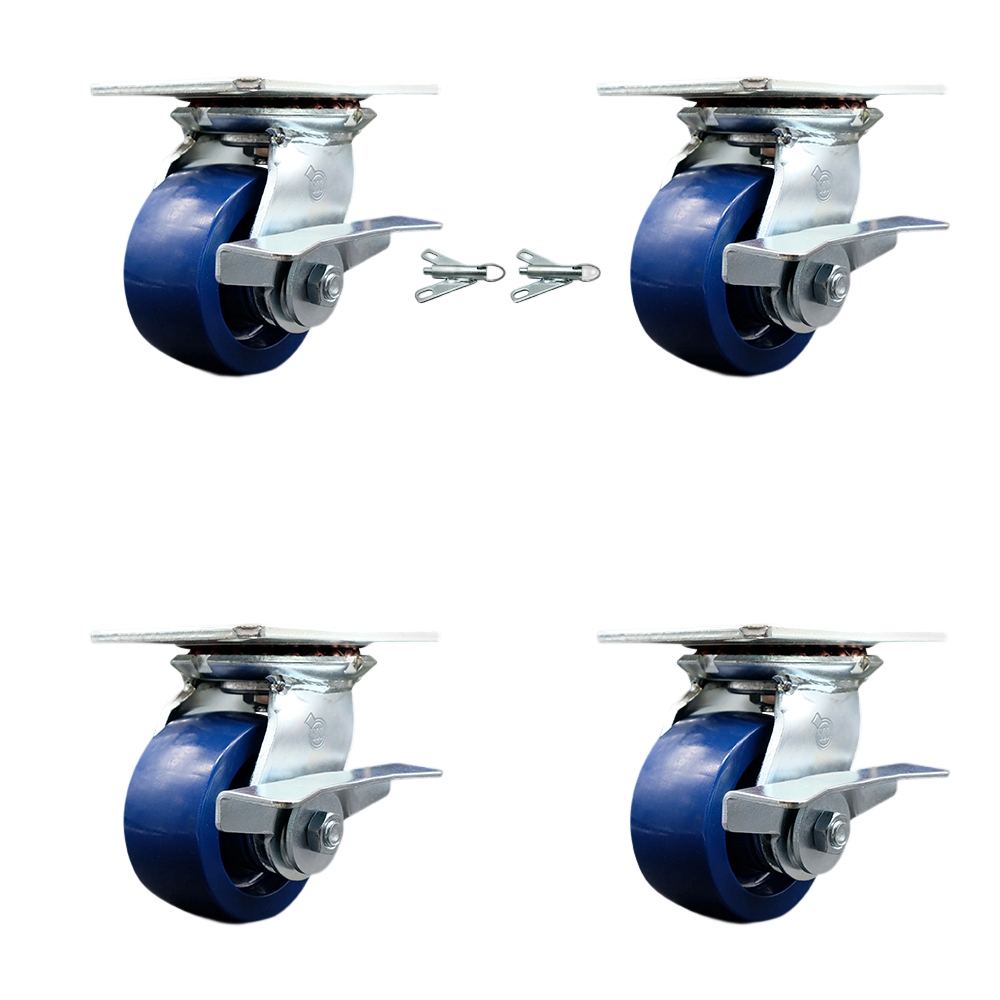Heavy Duty Large Top Plate Solid Polyurethane Swivel Caster Set 4 w/4" x 2" Blue Wheels-Includes 2 Swivel with Brakes and Bolt on Swivel Lcks&2 Swvl with Brakes-2800lbs Total Cpty-Service Caster Brand — photo 1