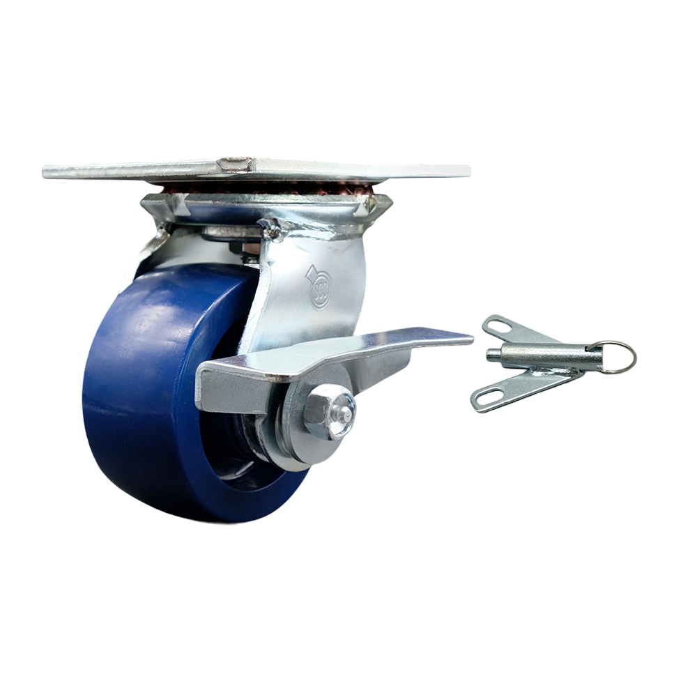 Heavy Duty Large Top Plate Solid Polyurethane Swivel Caster w/Main. Free Bearings and 4" x 2" Blue Wheel & Side Lck Brake and Bolt on Swivel Lock - 700 lbs Capacity/Caster - Service Caster Brand — photo 1
