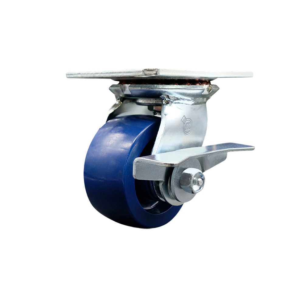 Heavy Duty Large Top Plate Solid Polyurethane Swivel Caster w/4" x 2" Blue Wheel & Side Lck Brake - 700 lbs Capacity/Caster - Service Caster Brand — photo 1