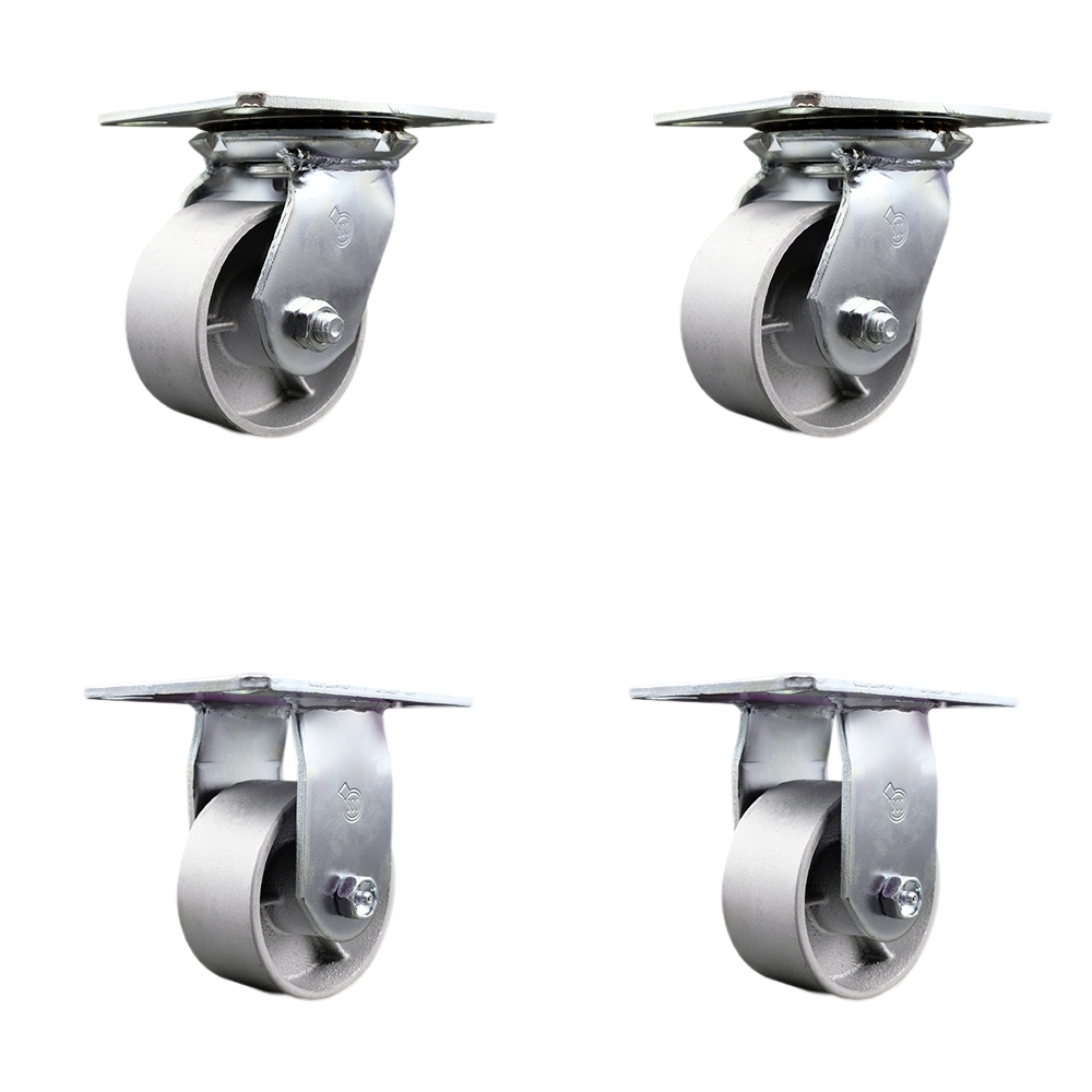 Heavy Duty Large Top Plate Semi Steel Cast Iron Swivel Caster w/Main. Free Bearings Set of 4 w/4" x 2" Silver Wheels - Includes 2 Swivel & 2 Rigid - 4000 lbs Total Capacity - Service Caster Brand — photo 1