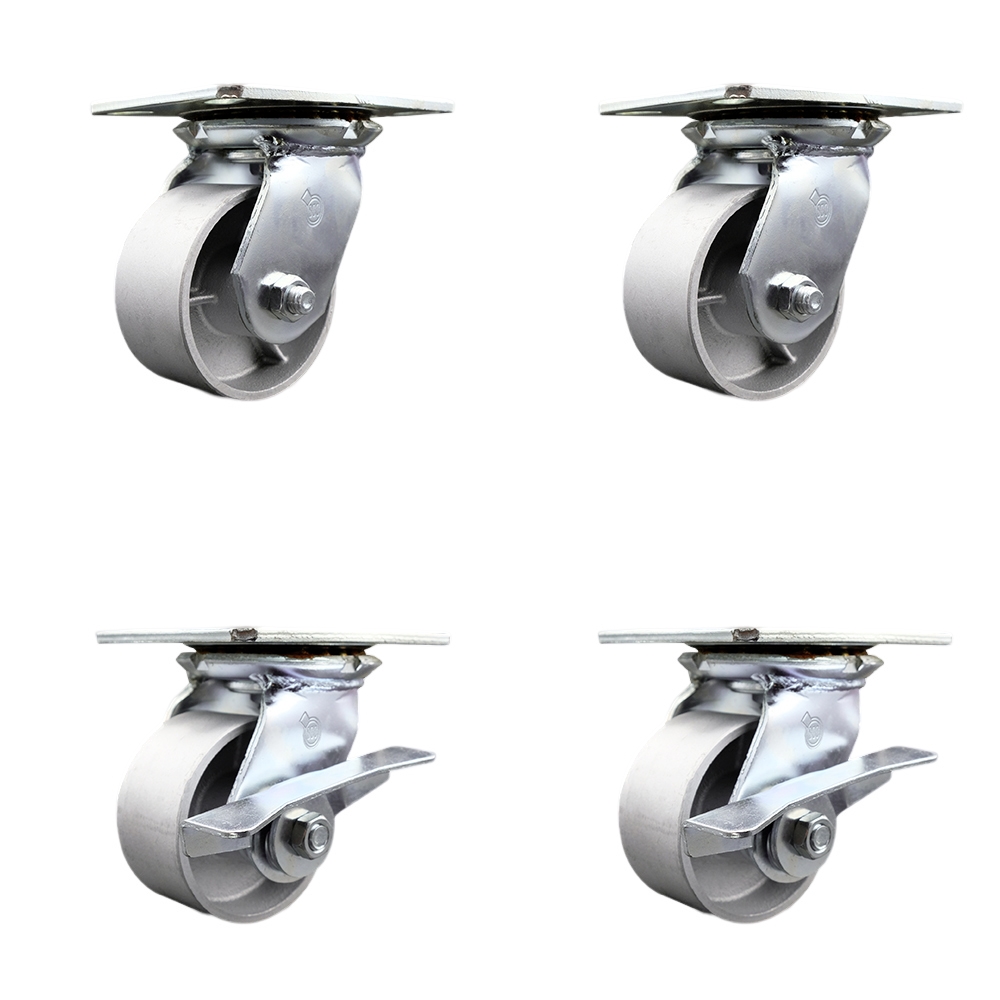 Heavy Duty Large Top Plate Semi Steel Cast Iron Swivel Caster Set of 4 w/4" x 2" Silver Wheels - Includes 2 Swivel with Brakes & 2 Swivel - 4000 lbs Total Capacity - Service Caster Brand — photo 1