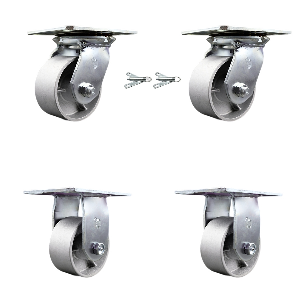 Heavy Duty Large Top Plate Semi Steel Cast Iron Swivel Caster w/Main. Free Bearings Set of 4 w/4" x 2" Silver Wheels - Includes 2 Swivel with Bolt on Swivel Locks & 2 Rigid - Service Caster Brand — photo 1