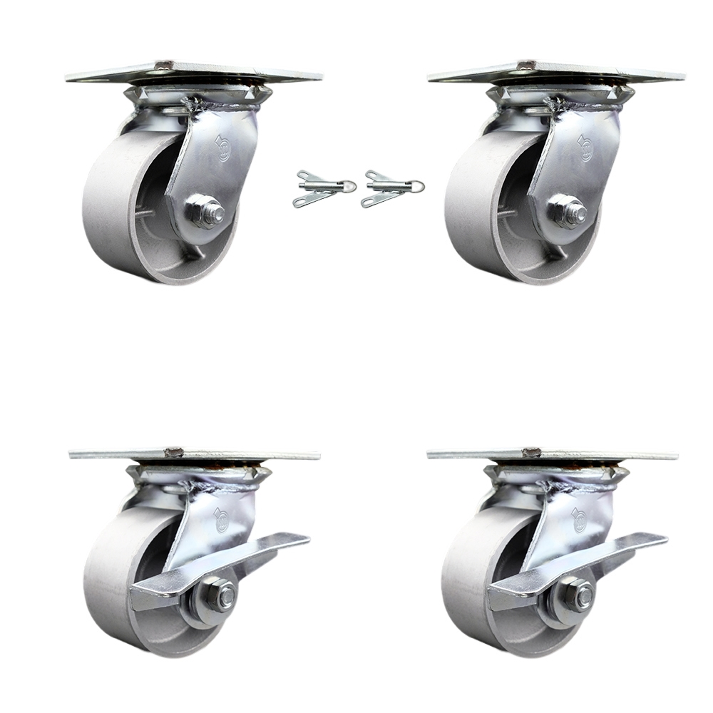 Heavy Duty Large Top Plate Semi Steel Cast Iron Swivel Caster Set of 4 w/4" x 2" Silver Wheels-Includes 2 Swivel with Bolt on Swivel Lcks&2 Swivel with Brakes-4000lbs Total Cpty - Service Caster Brand — photo 1