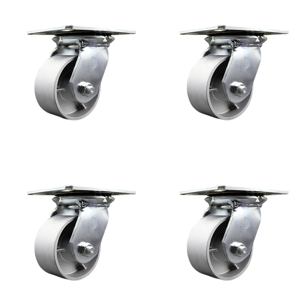 Heavy Duty Large Top Plate Semi Steel Cast Iron Swivel Caster w/Main. Free Bearings Set of 4 w/4" x 2" Silver Wheels - Includes 4 Swivel w/Bolt on Swivel Lcks-4000lbs Total Cpty - Service Caster Brand — photo 1